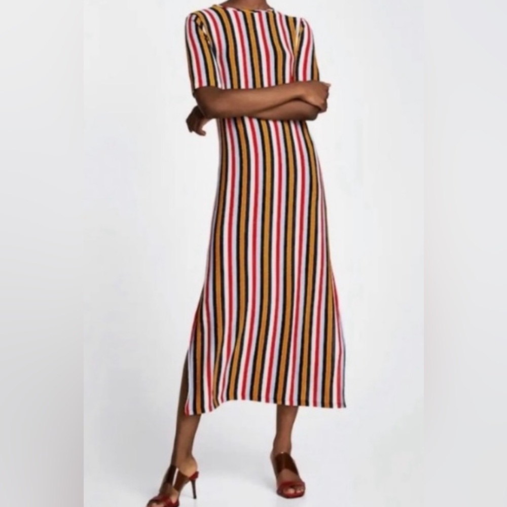 Zara Metallic Stripe Multicolor Sexy Soft Stretchy Retro Midi Dress L